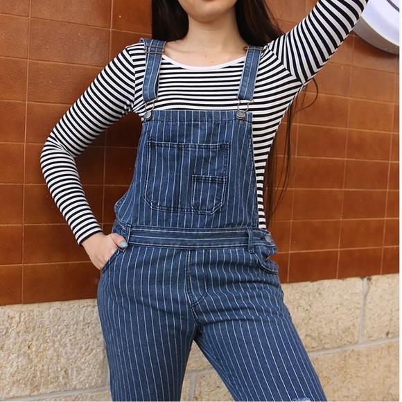 Women's Vintage Y2K Pinstripe Denim Bib Overalls Dungaree Conductor Size M/L - Picture 2 of 15